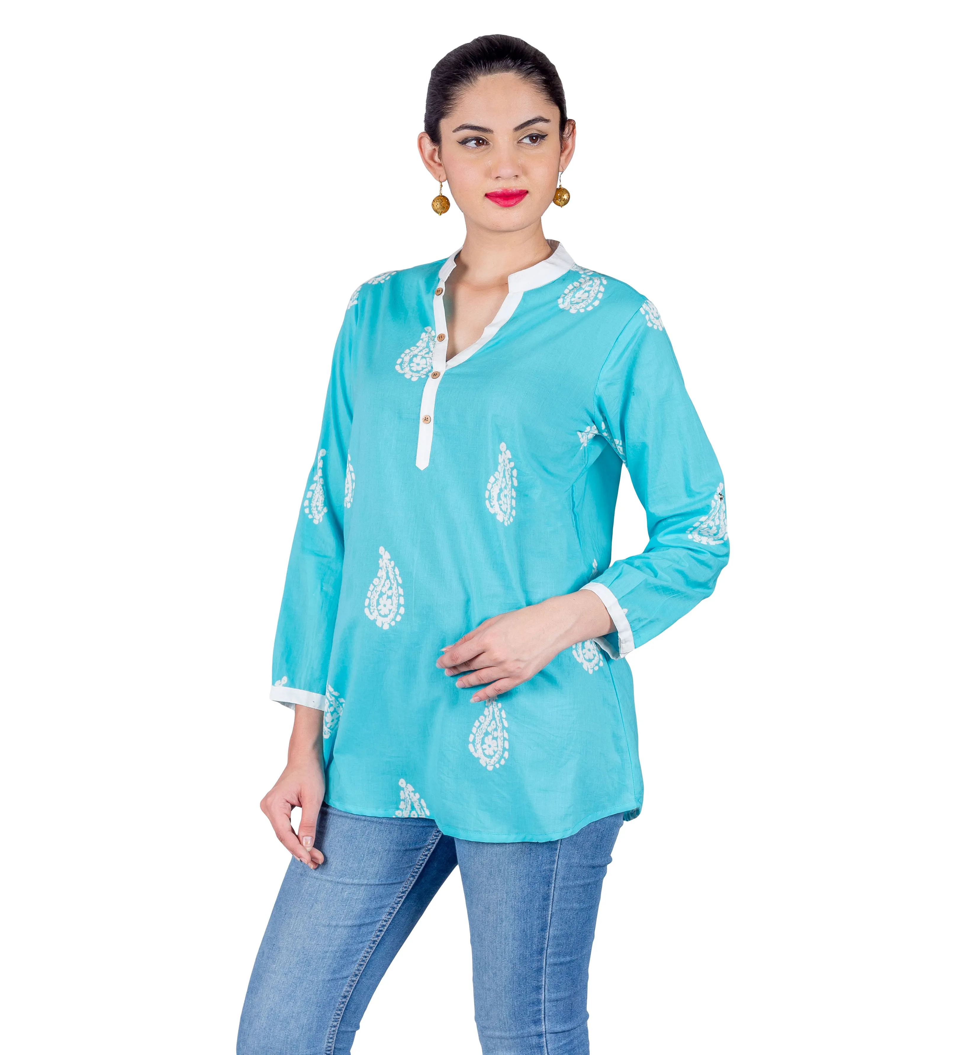 Aqua Blue White Coconut Buttoned Up Printed Ethnic Short Kurti