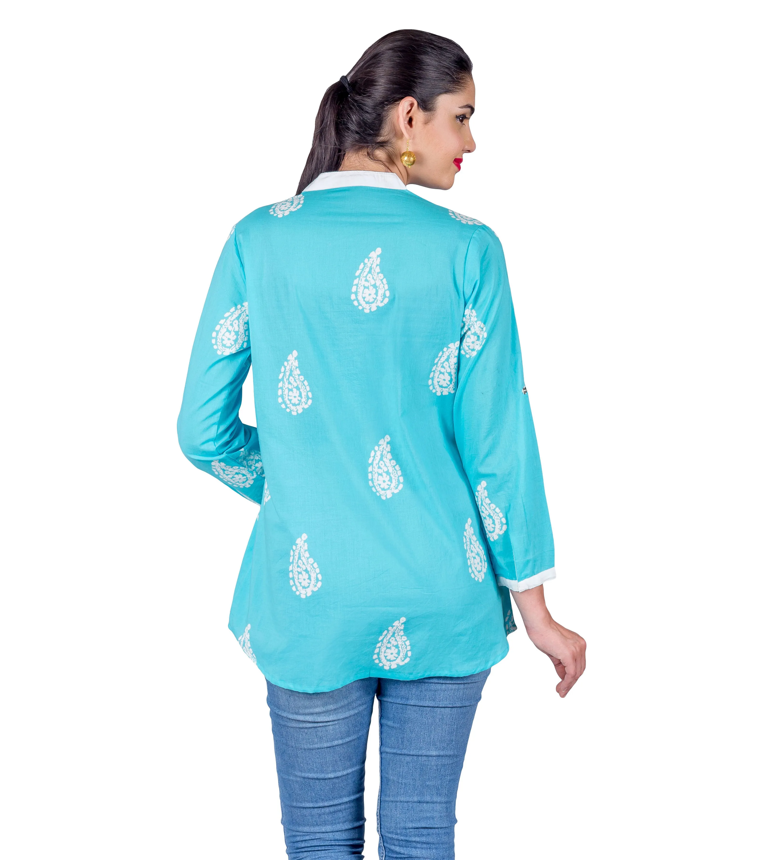 Aqua Blue White Coconut Buttoned Up Printed Ethnic Short Kurti