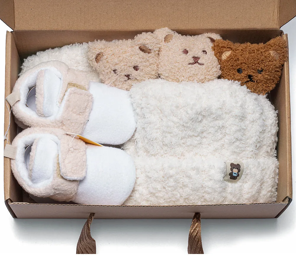 Baby Booties Gift Set with Shearling Bear Beanie and Scarf