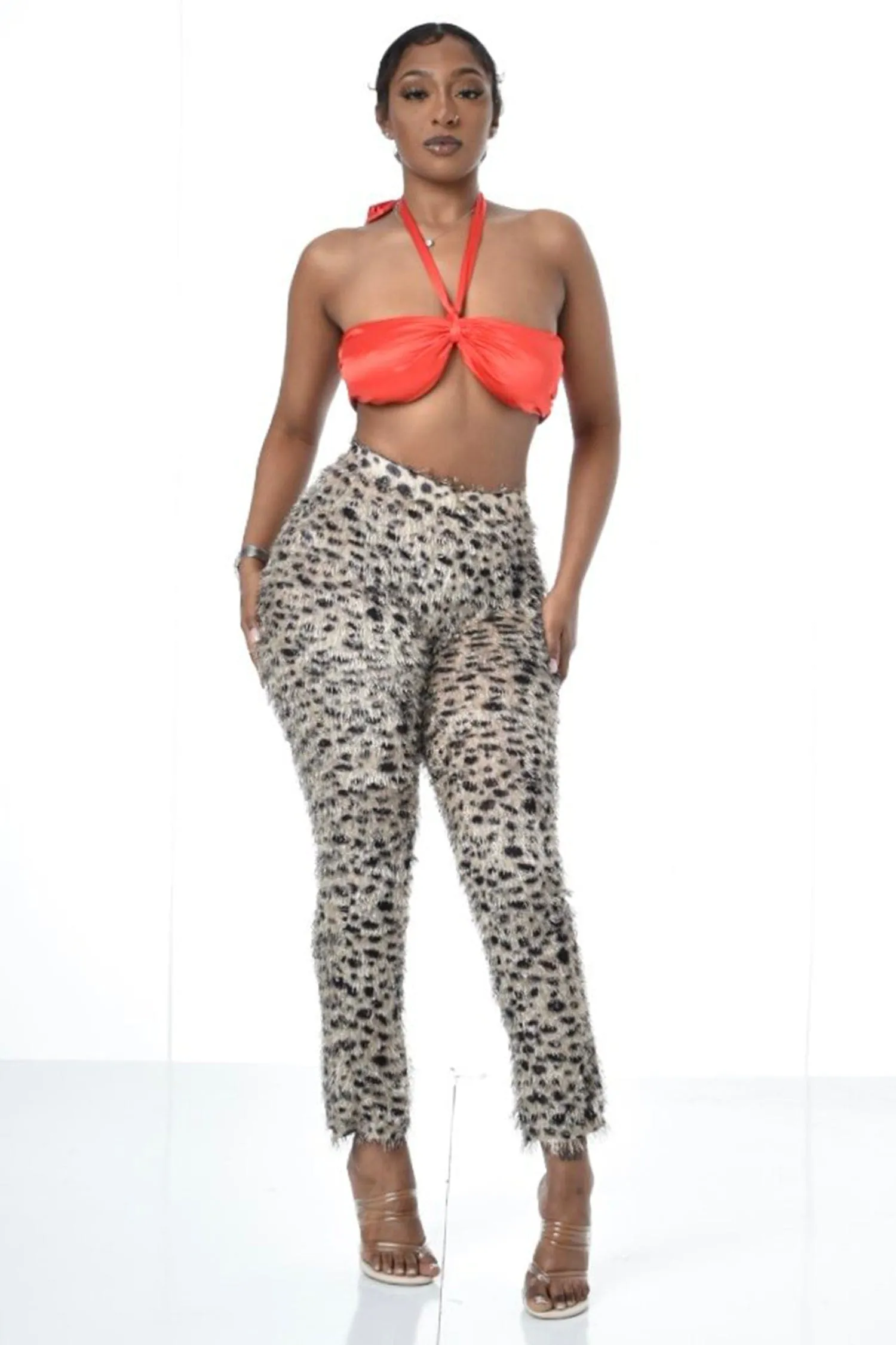 Beige Cheetah Print High Waisted Feather Pants