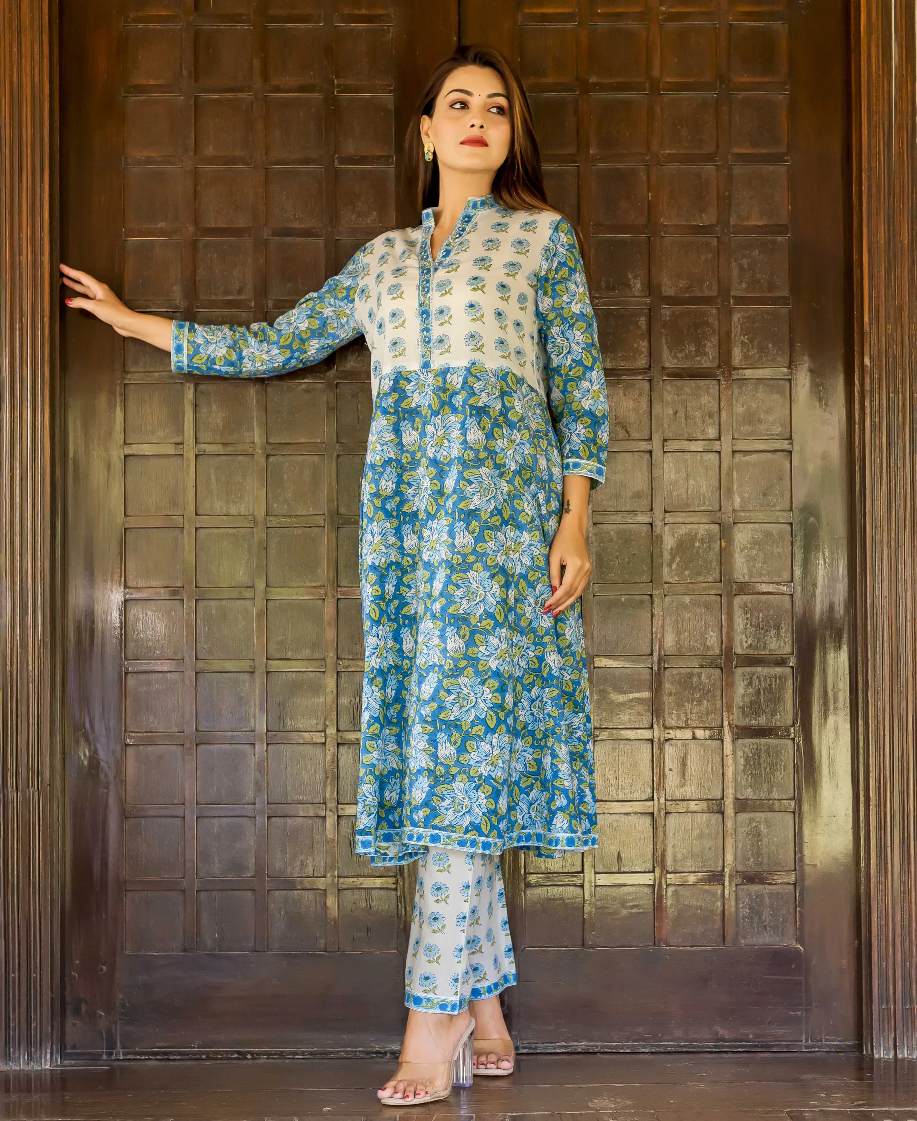 Blue and White Hand Block Printed A-Line Kurta