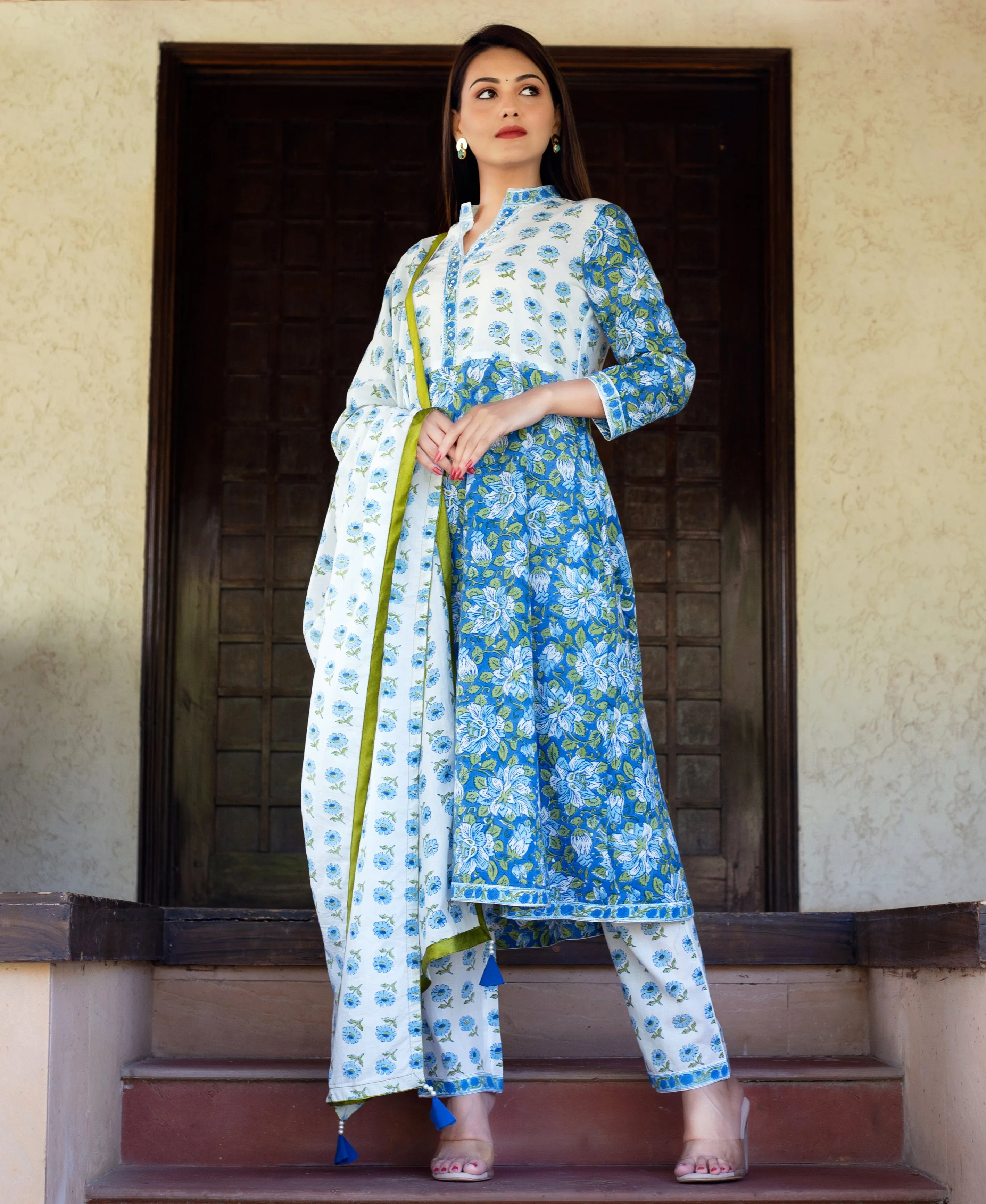 Blue and White Hand Block Printed A-Line Kurta