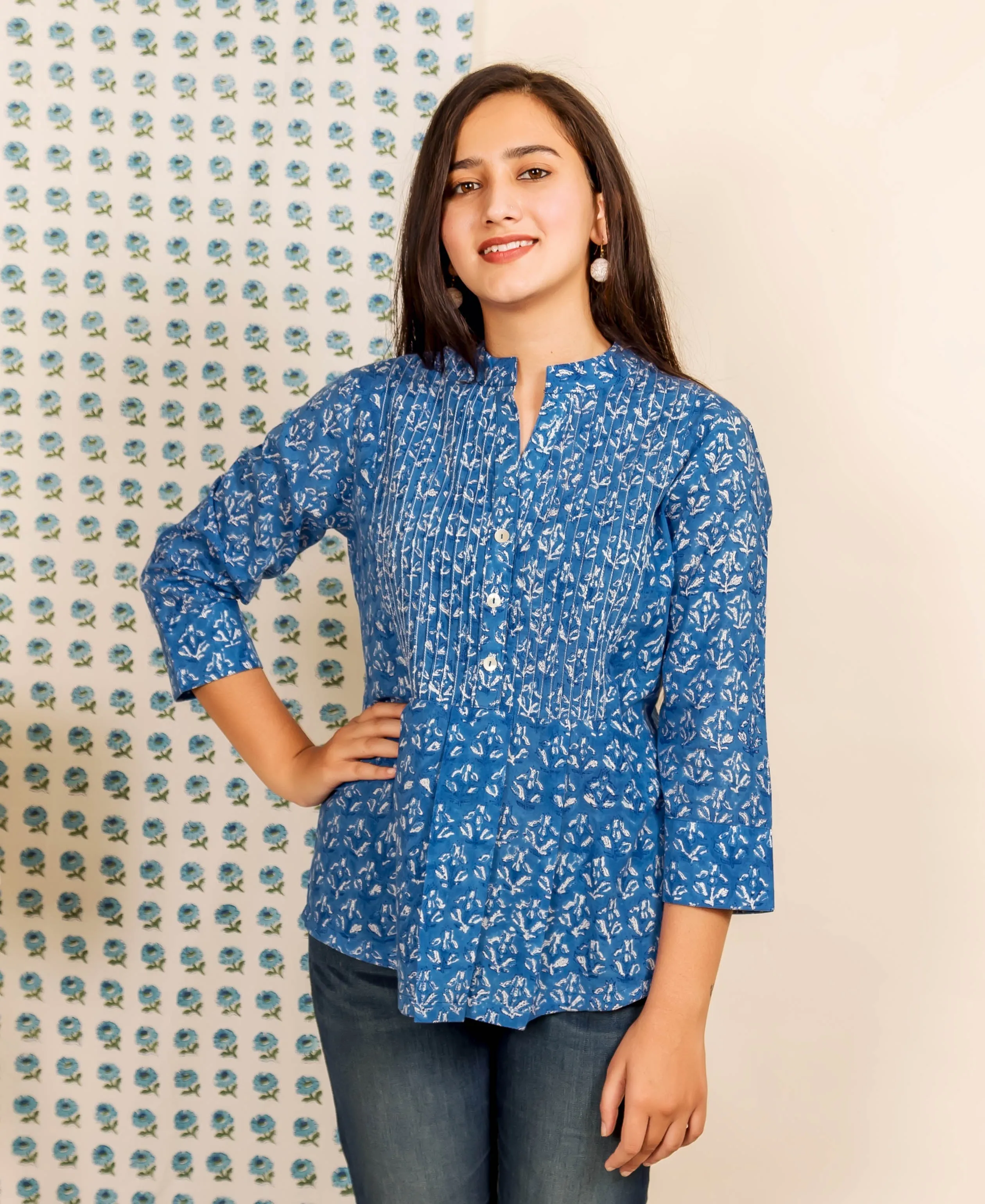 Blue Pintuck Hand Block Printed Top