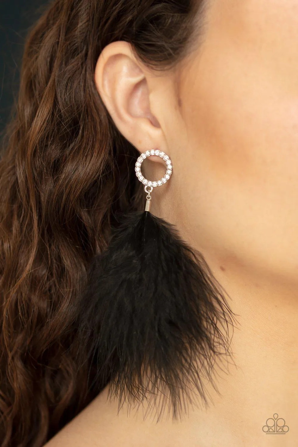 BOA Down Black Feather and White Rhinestone Earrings - Paparazzi Accessories