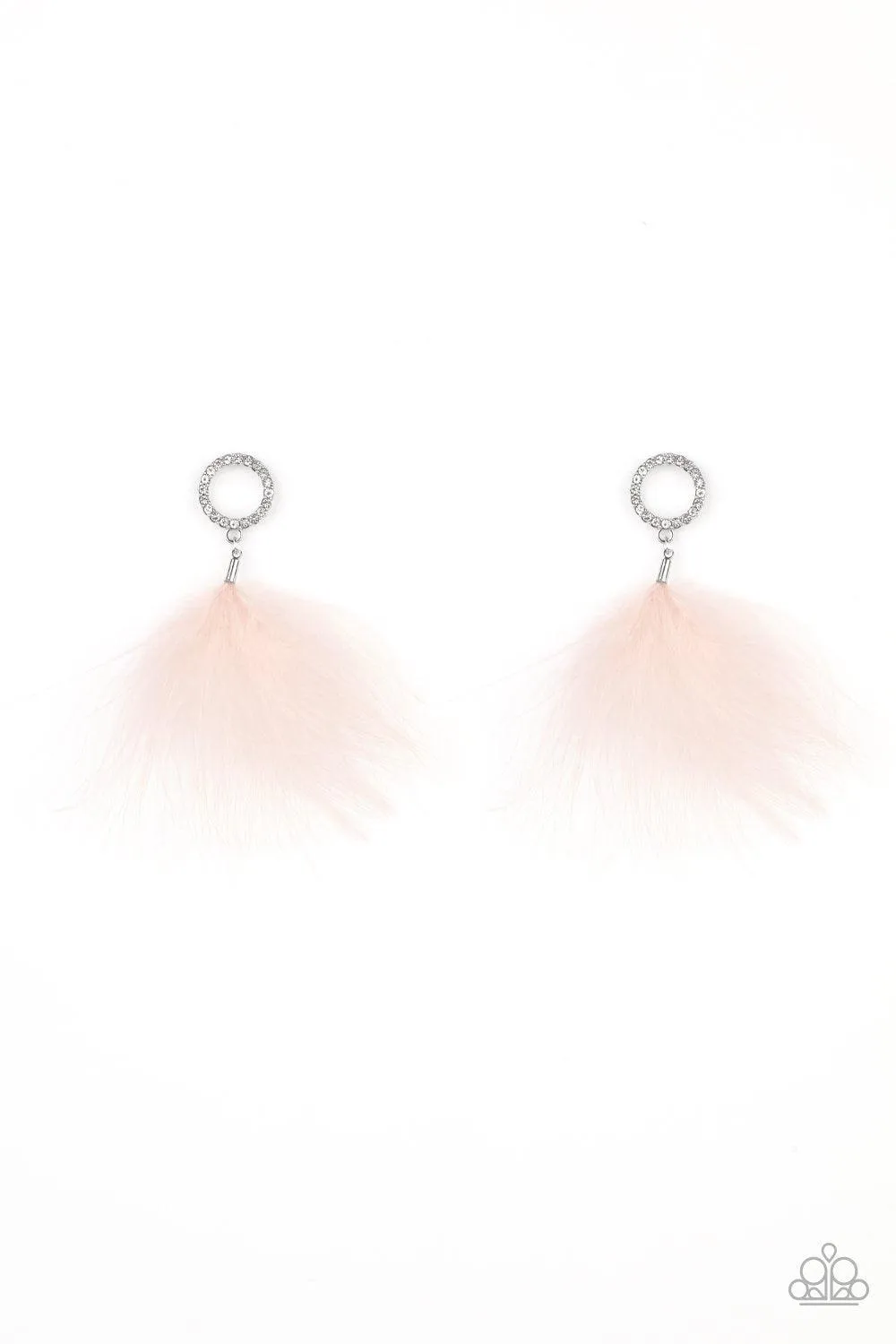 BOA Down Pink Feather and White Rhinestone Earrings - Paparazzi Accessories