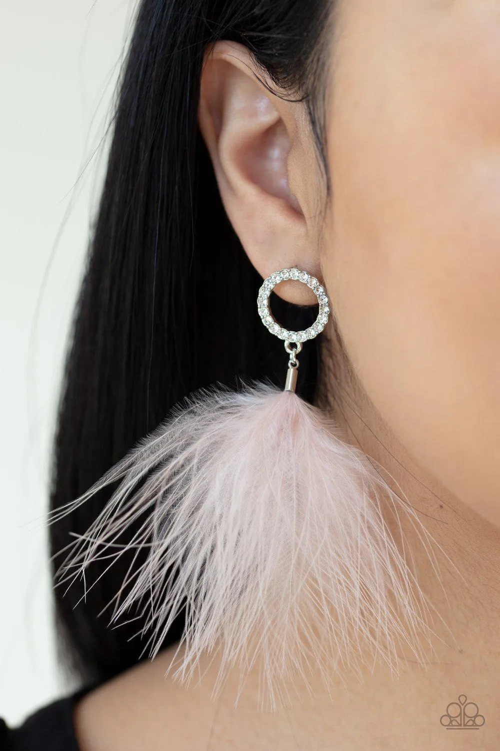 BOA Down Pink Feather and White Rhinestone Earrings - Paparazzi Accessories