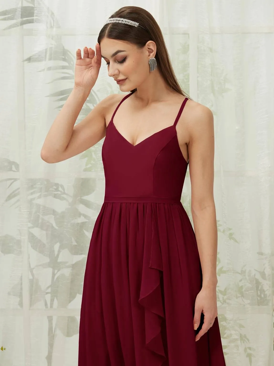 Burgundy Chiffon Slit High Low Sweetheart Straps Pleated Flowy Bridesmaid Dress