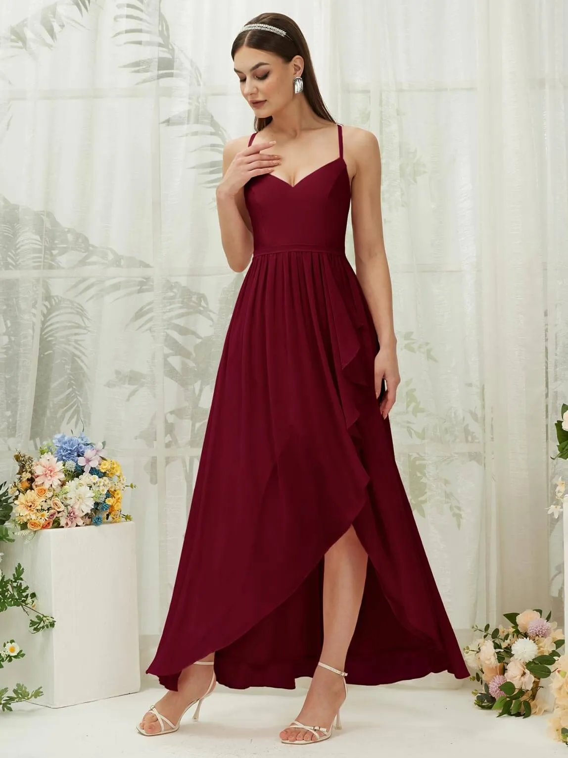 Burgundy Chiffon Slit High Low Sweetheart Straps Pleated Flowy Bridesmaid Dress