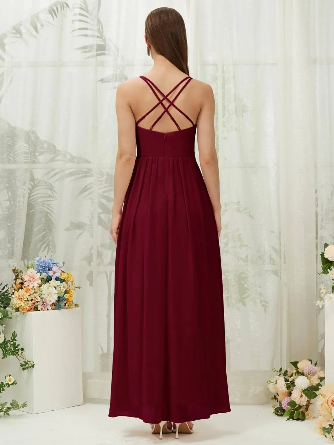 Burgundy Chiffon Slit High Low Sweetheart Straps Pleated Flowy Bridesmaid Dress