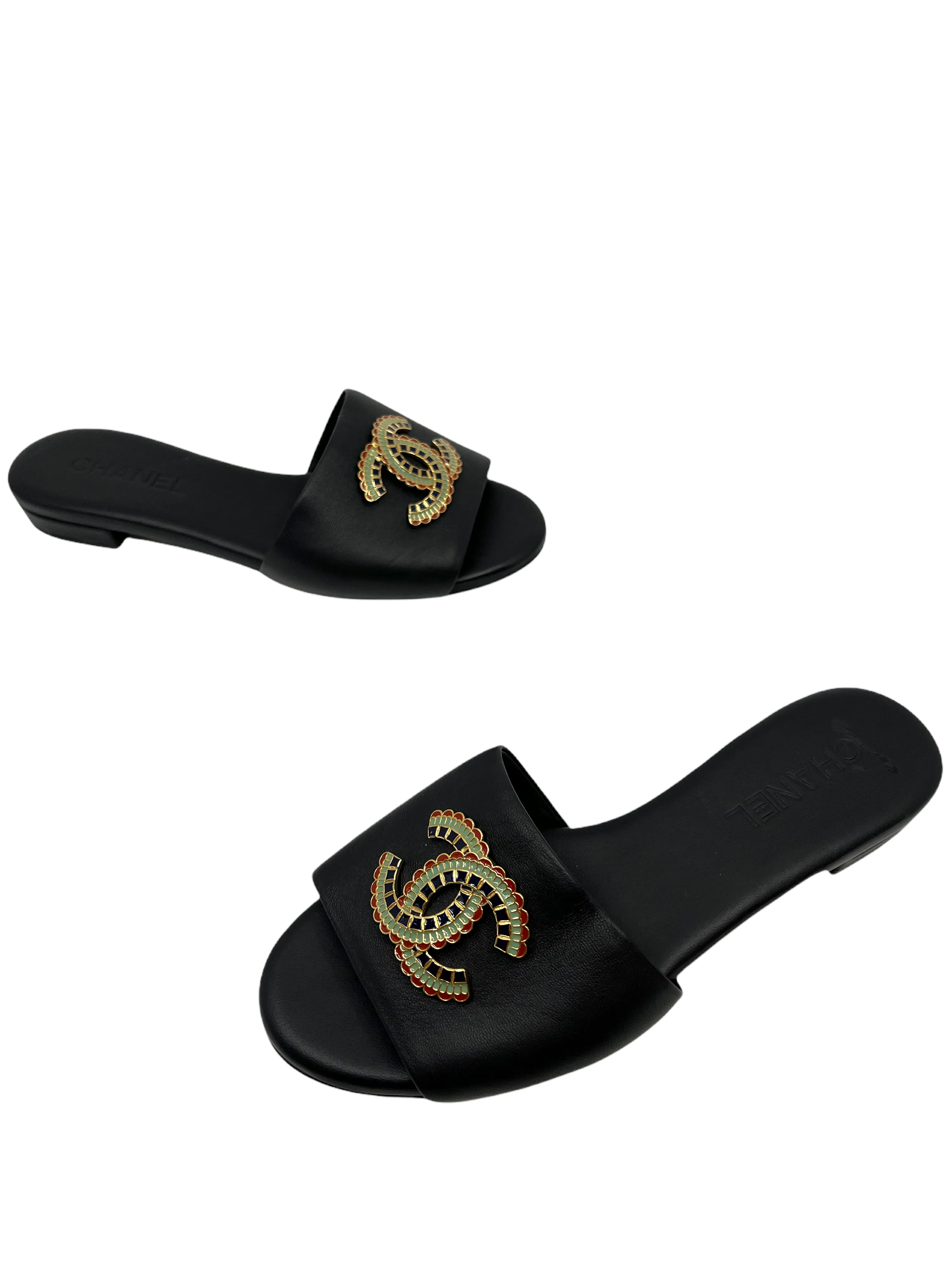 CHANEL 19a Lambskin CC Logo Slide Sandals Size 8