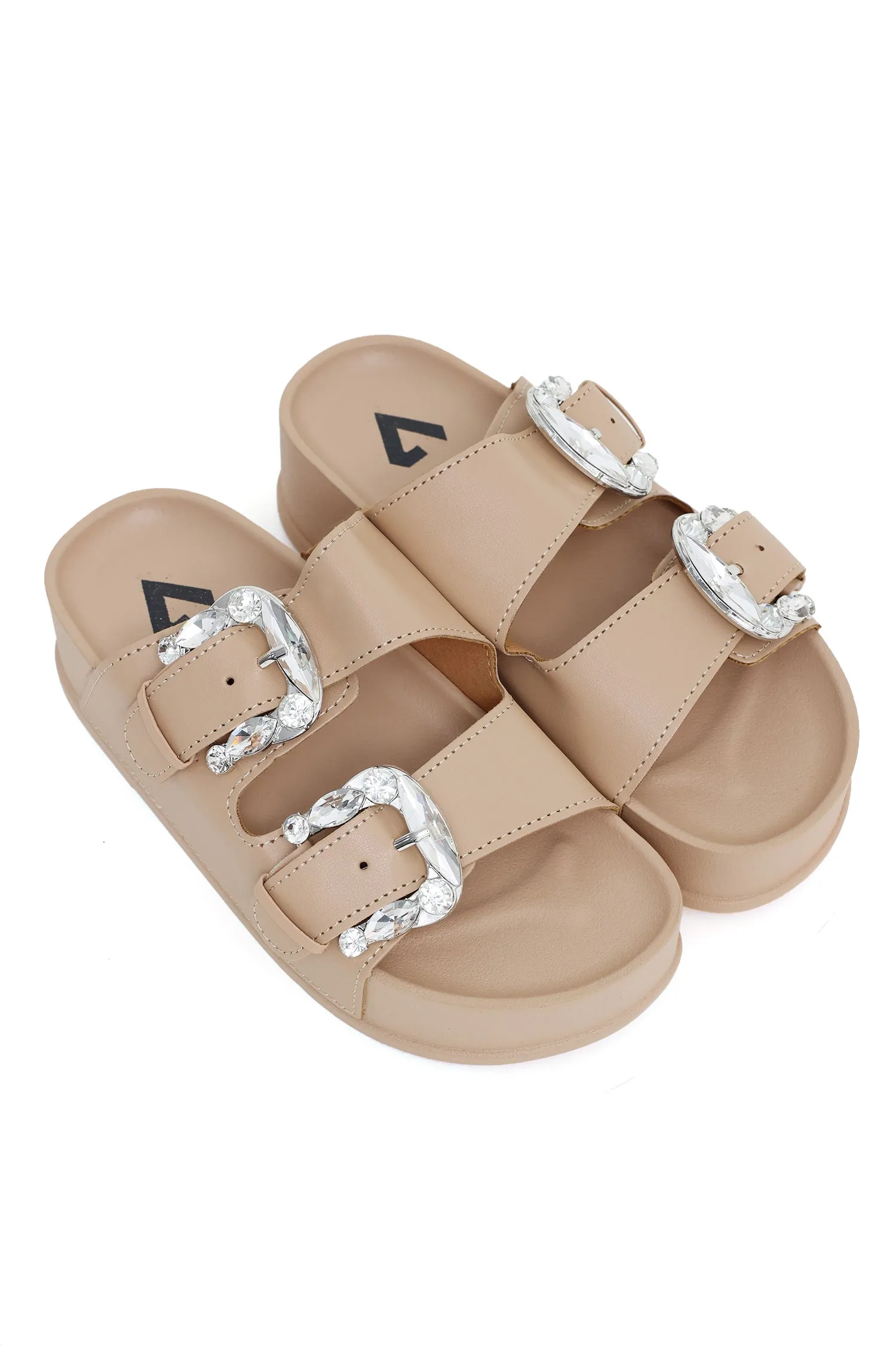 CHIC BUCKLE SUMMER SLIDES-KHAKI