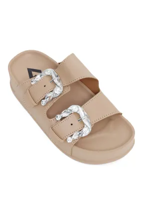 CHIC BUCKLE SUMMER SLIDES-KHAKI