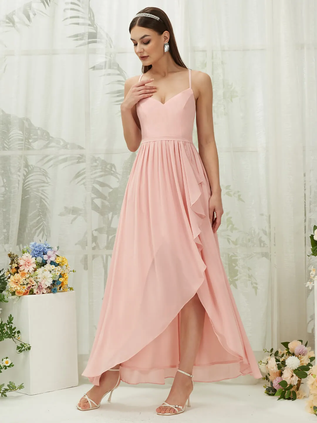 Chiffon Slit High Low Sweetheart Straps Pleated Flowy Bridesmaid Dress