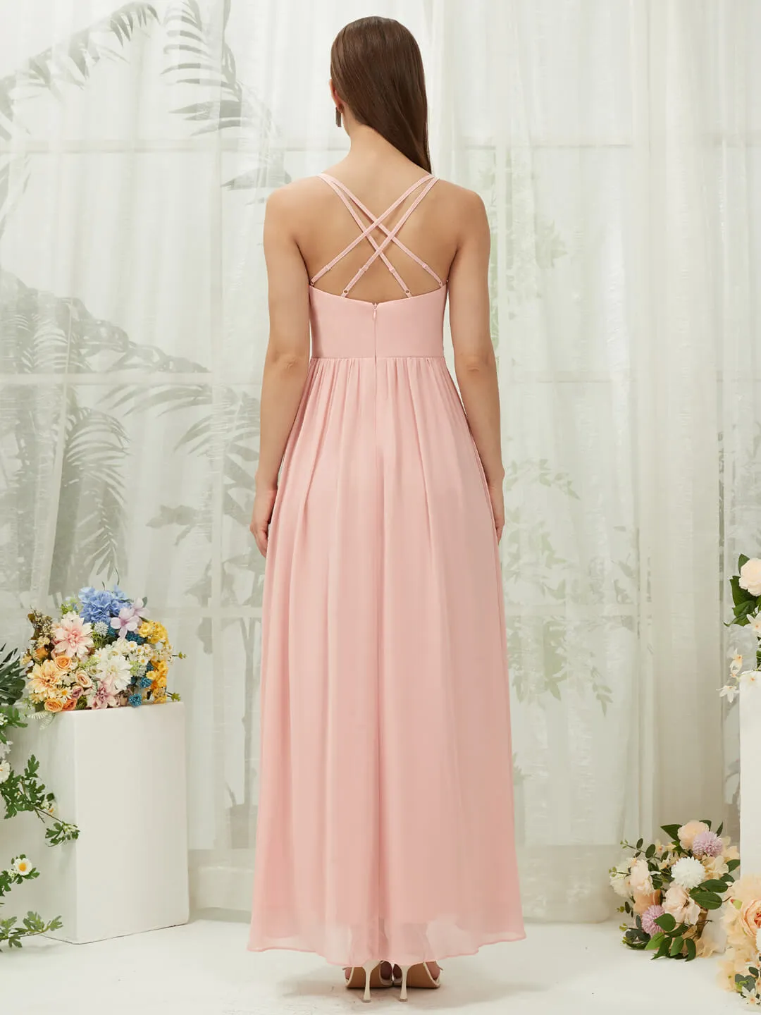 Chiffon Slit High Low Sweetheart Straps Pleated Flowy Bridesmaid Dress