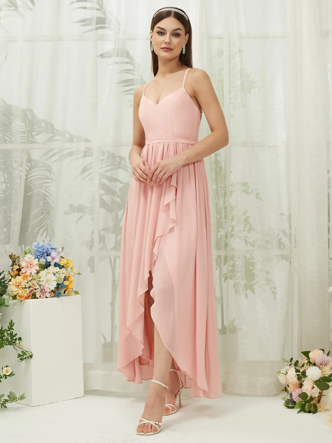 Chiffon Slit High Low Sweetheart Straps Pleated Flowy Bridesmaid Dress