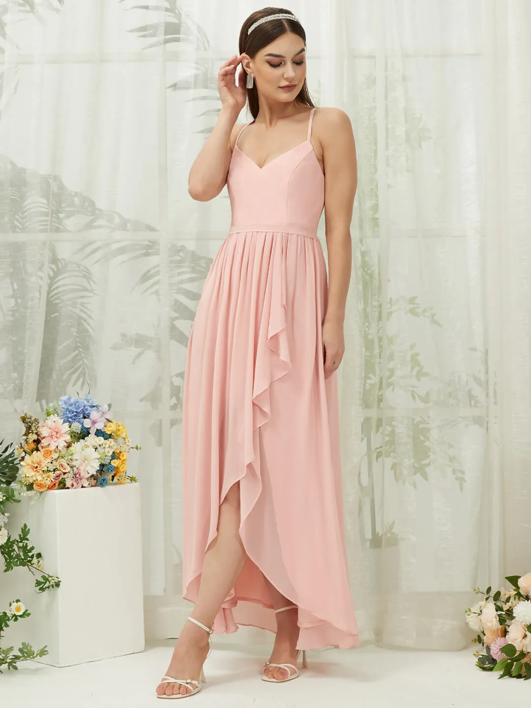 Chiffon Slit High Low Sweetheart Straps Pleated Flowy Bridesmaid Dress