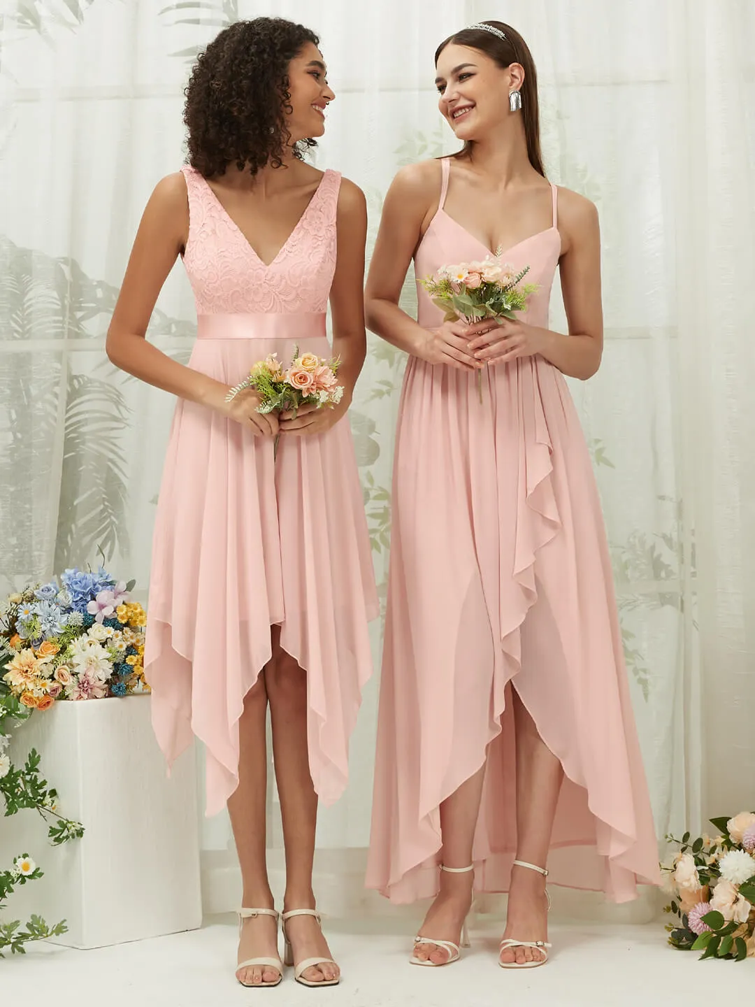 Chiffon Slit High Low Sweetheart Straps Pleated Flowy Bridesmaid Dress