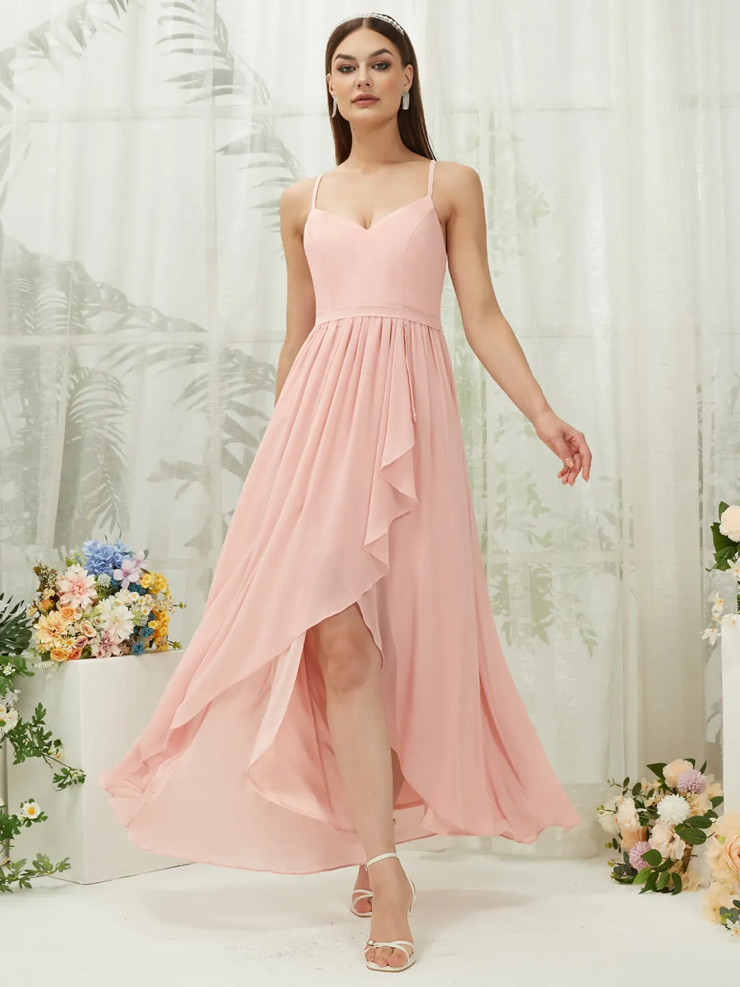 Chiffon Slit High Low Sweetheart Straps Pleated Flowy Bridesmaid Dress