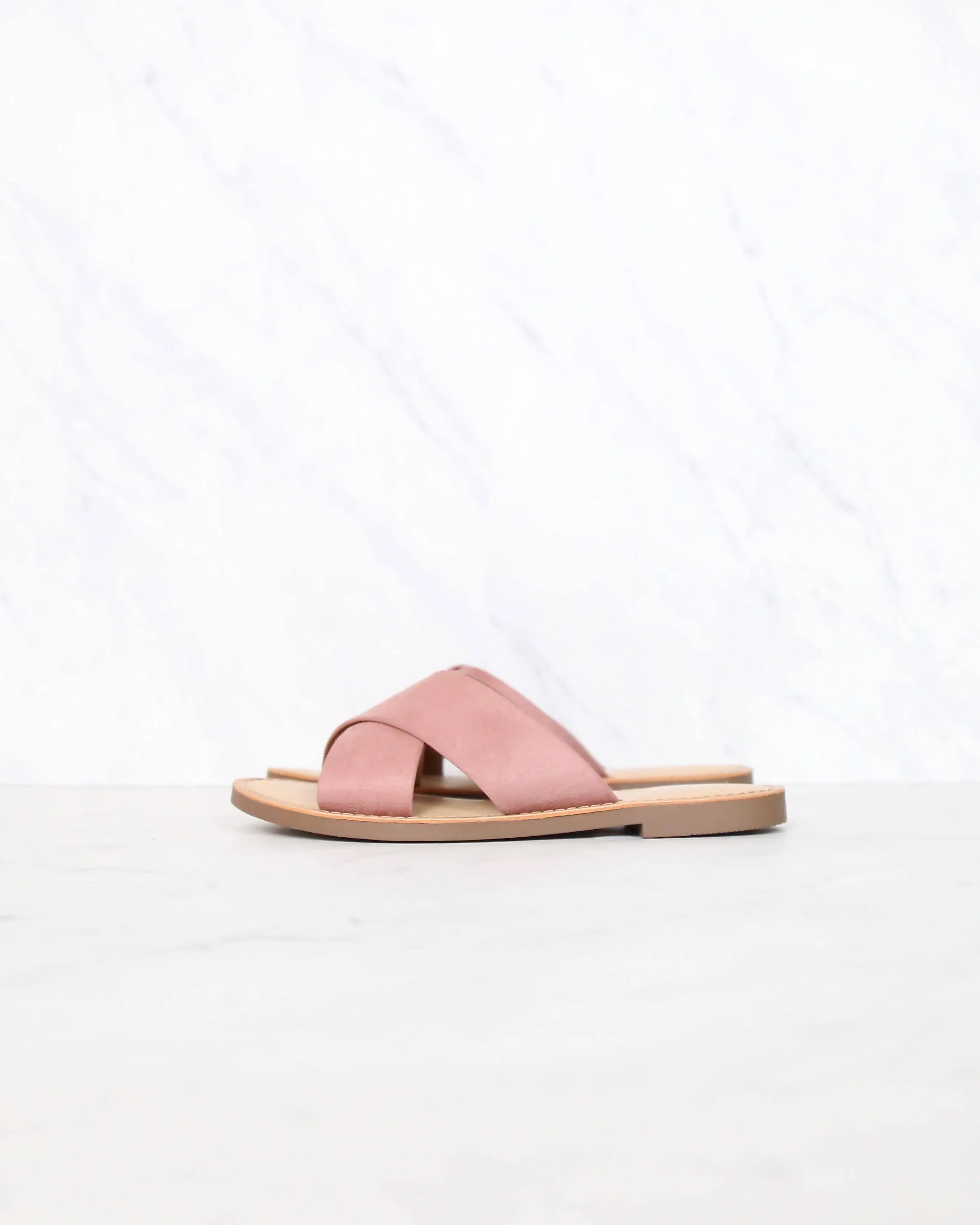 Coco Criss Cross Faux Suede Slip On Flat Sandals in Dusty Mauve