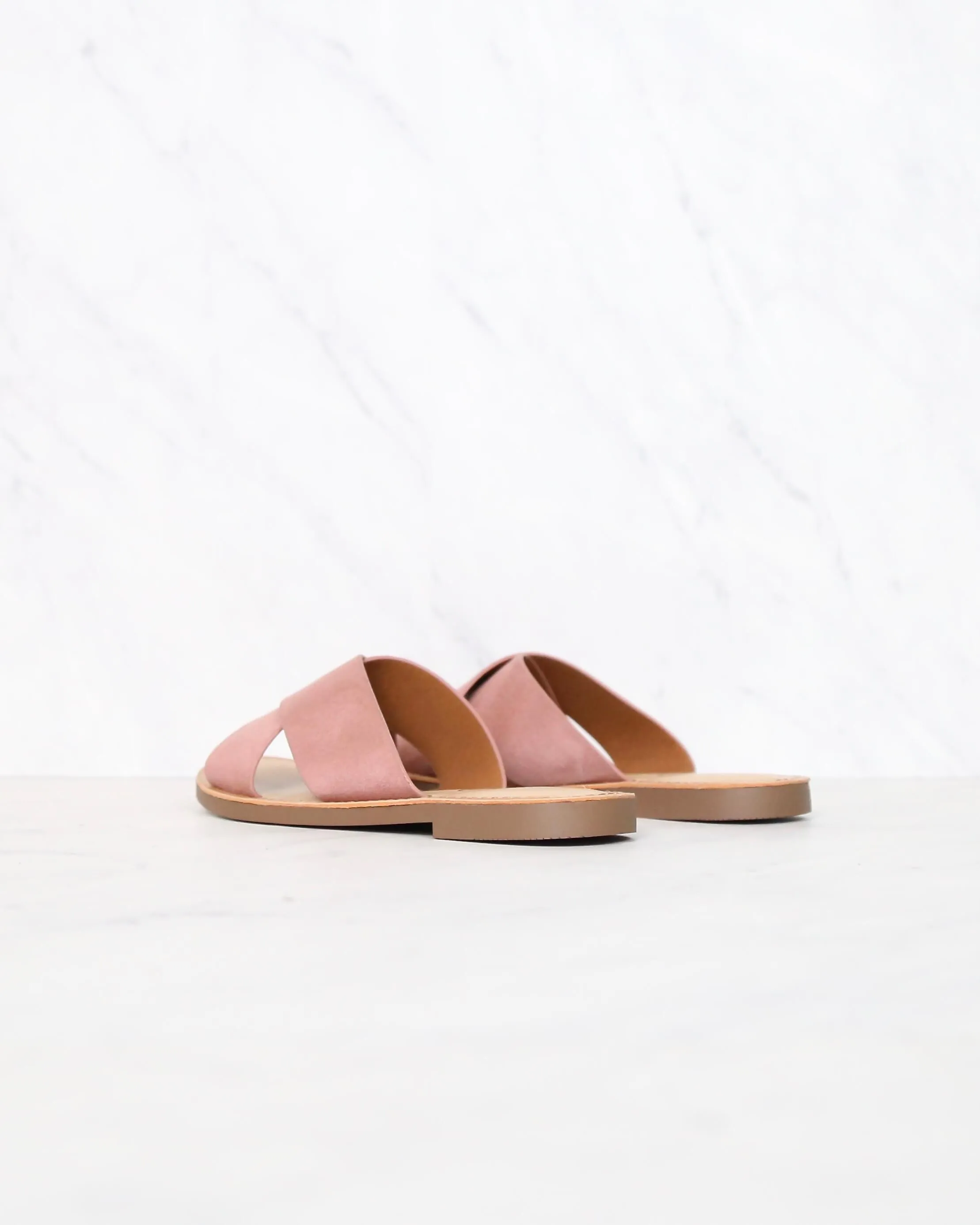 Coco Criss Cross Faux Suede Slip On Flat Sandals in Dusty Mauve