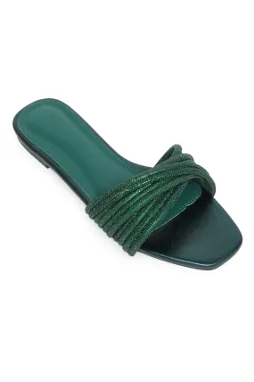 ELEGANT BEADED-STRAP SLIDES-GREEN