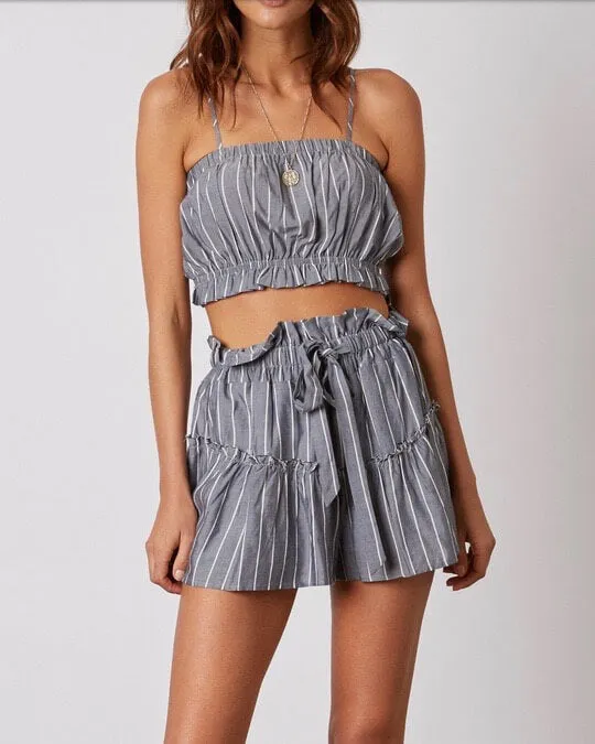 Final Sale - Cotton Candy LA - Martine Stripe Shorts with Ruffle Hem in Denim