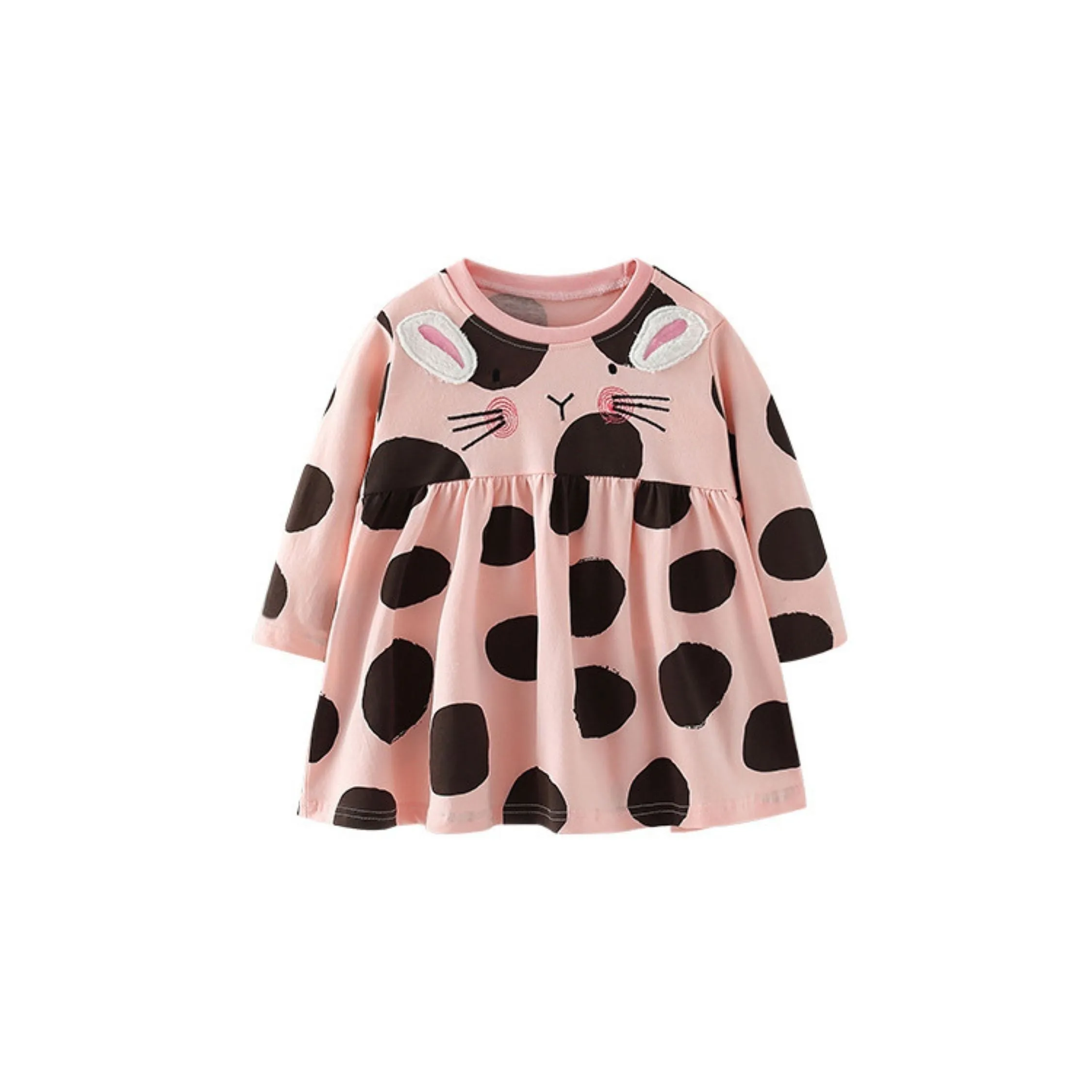 Full Sleeve Polka Dot Bunny Theme Girls Dress, Pink