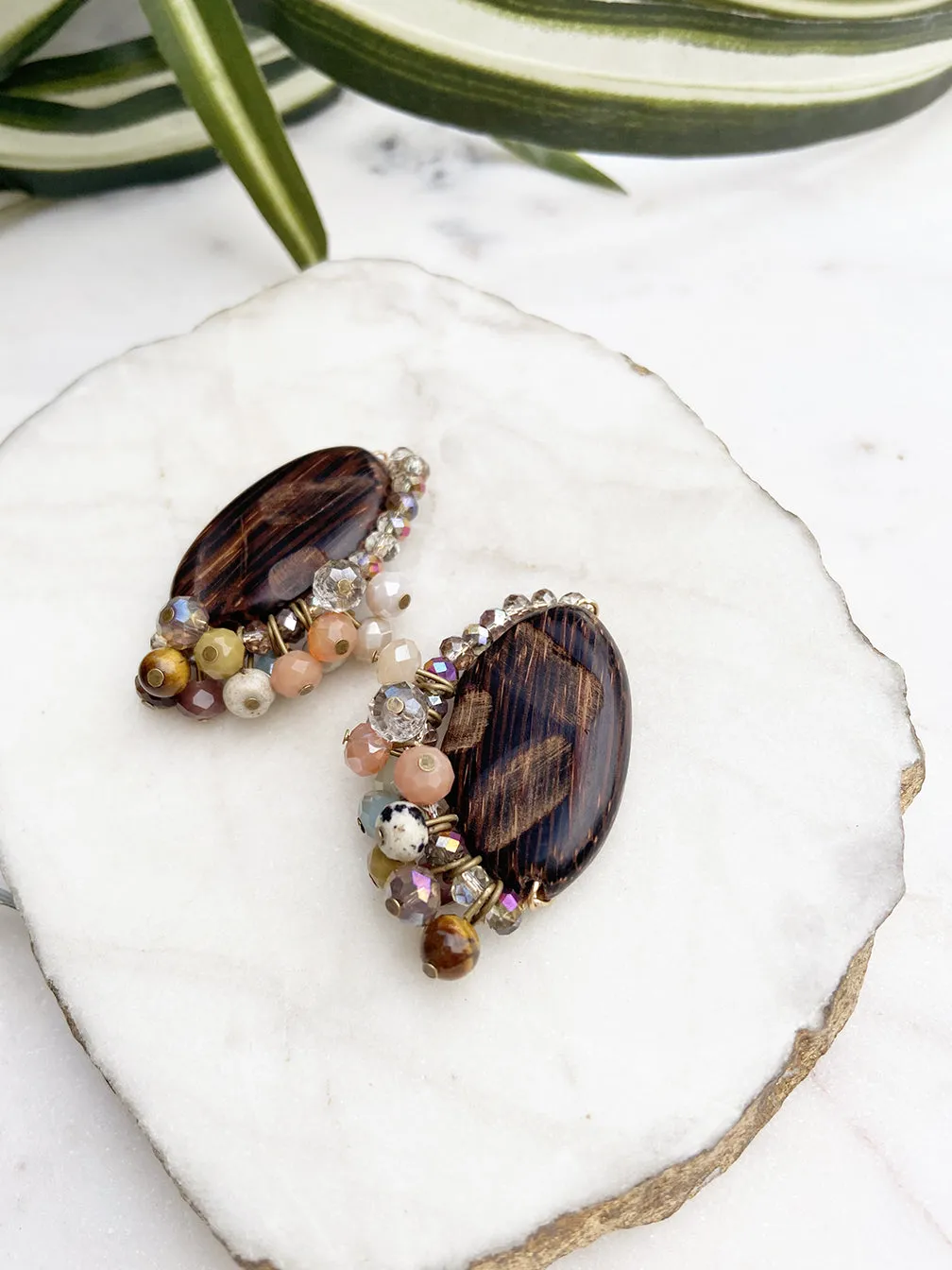 fuzzy peach - confetti earrings - palm wood