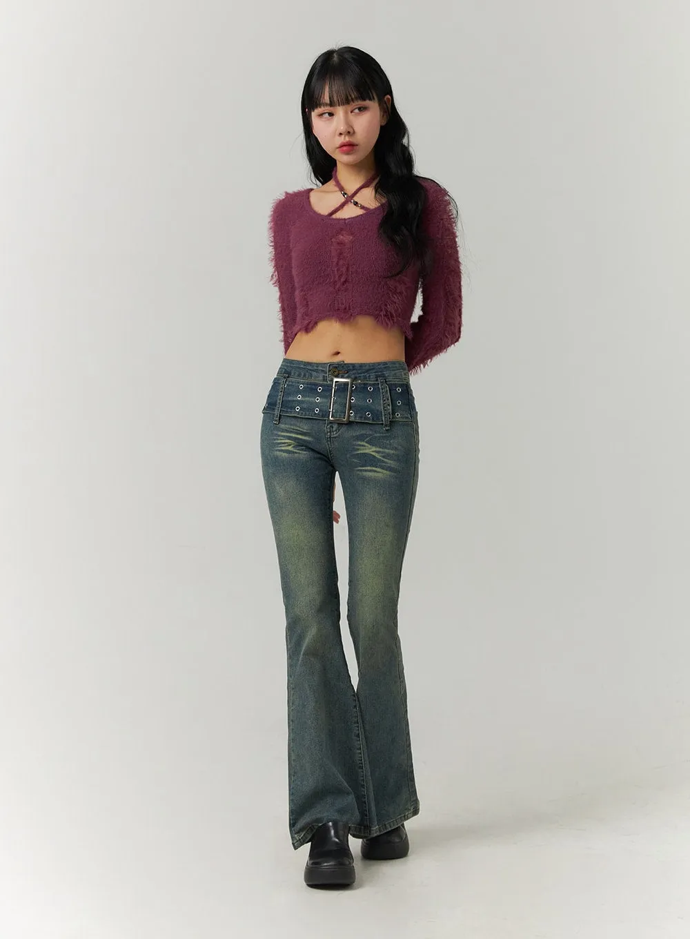 Fuzzy Ripped Crop Sweater CJ419