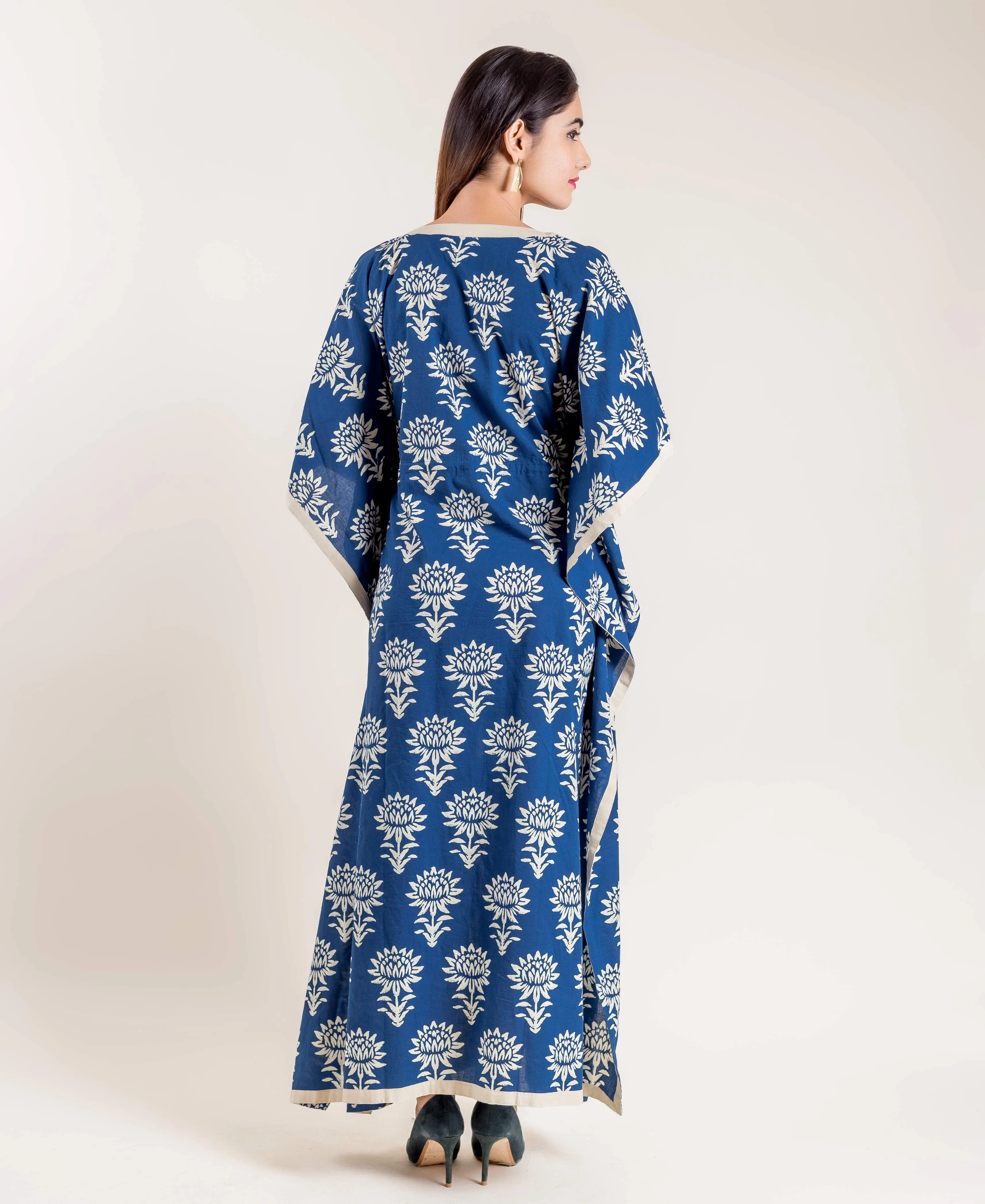 Indigo Floral Hand Block Printed Tie-Up Kaftan