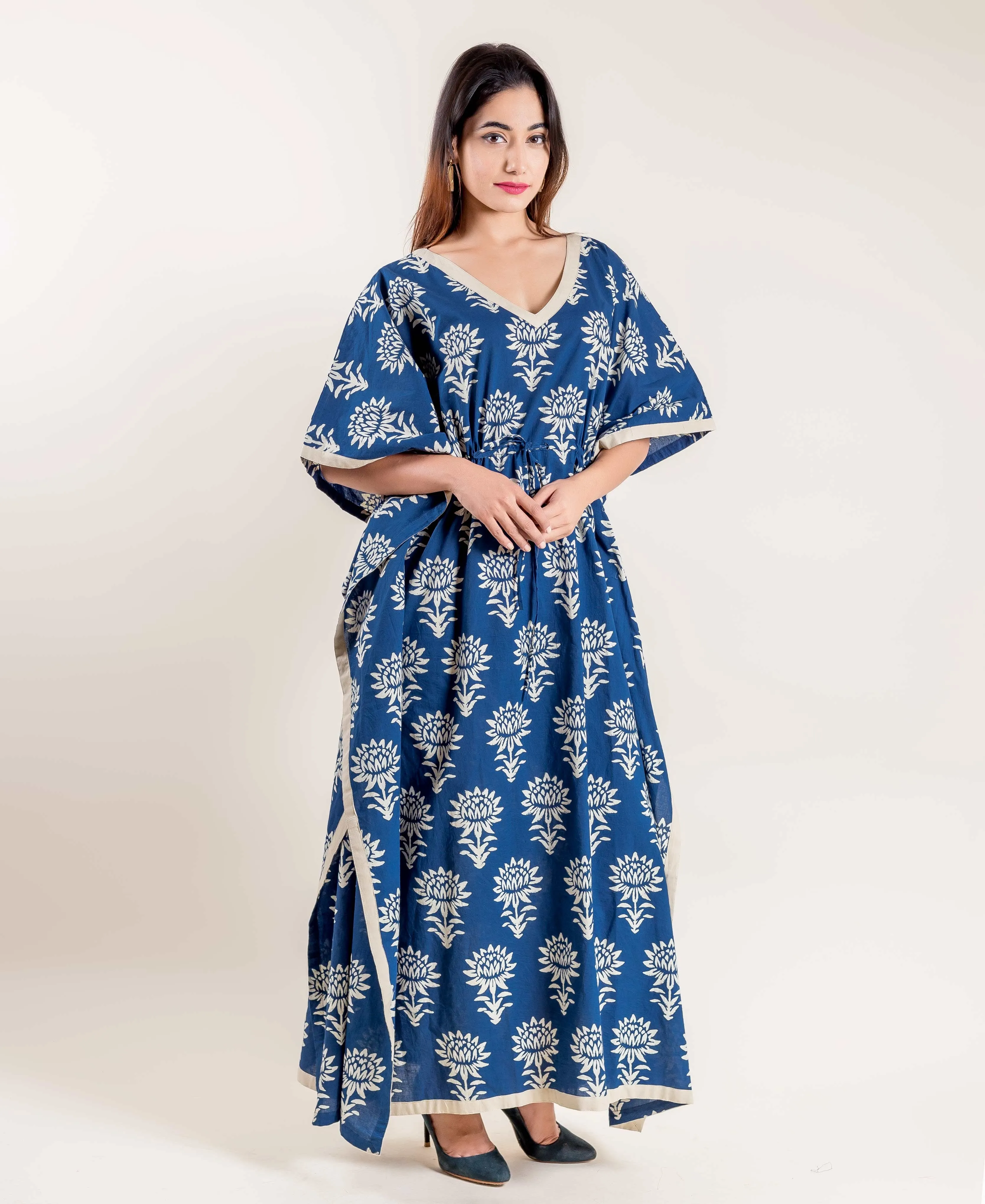 Indigo Floral Hand Block Printed Tie-Up Kaftan