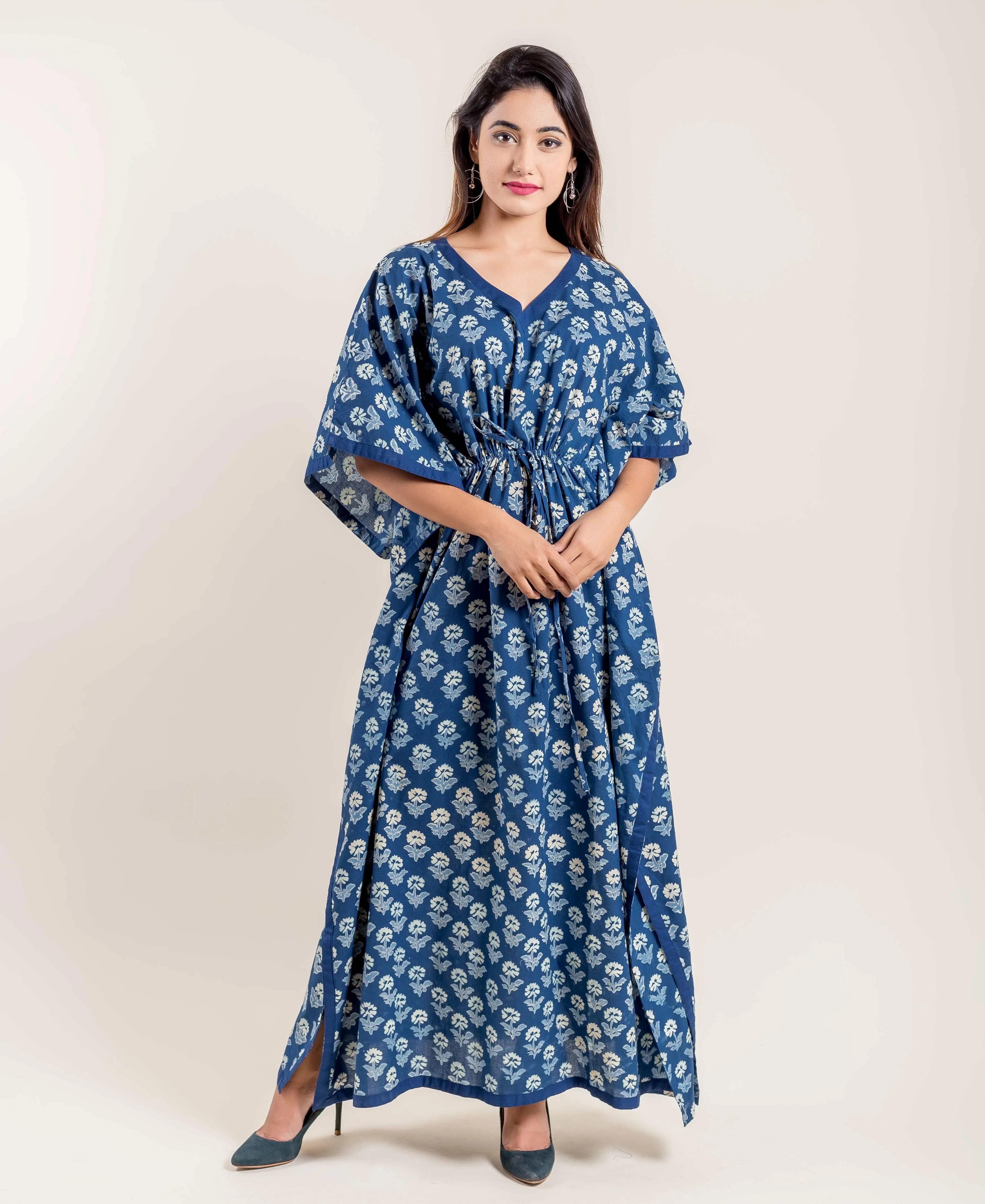 Indigo Floral Hand Block Printed V Neck Kaftan