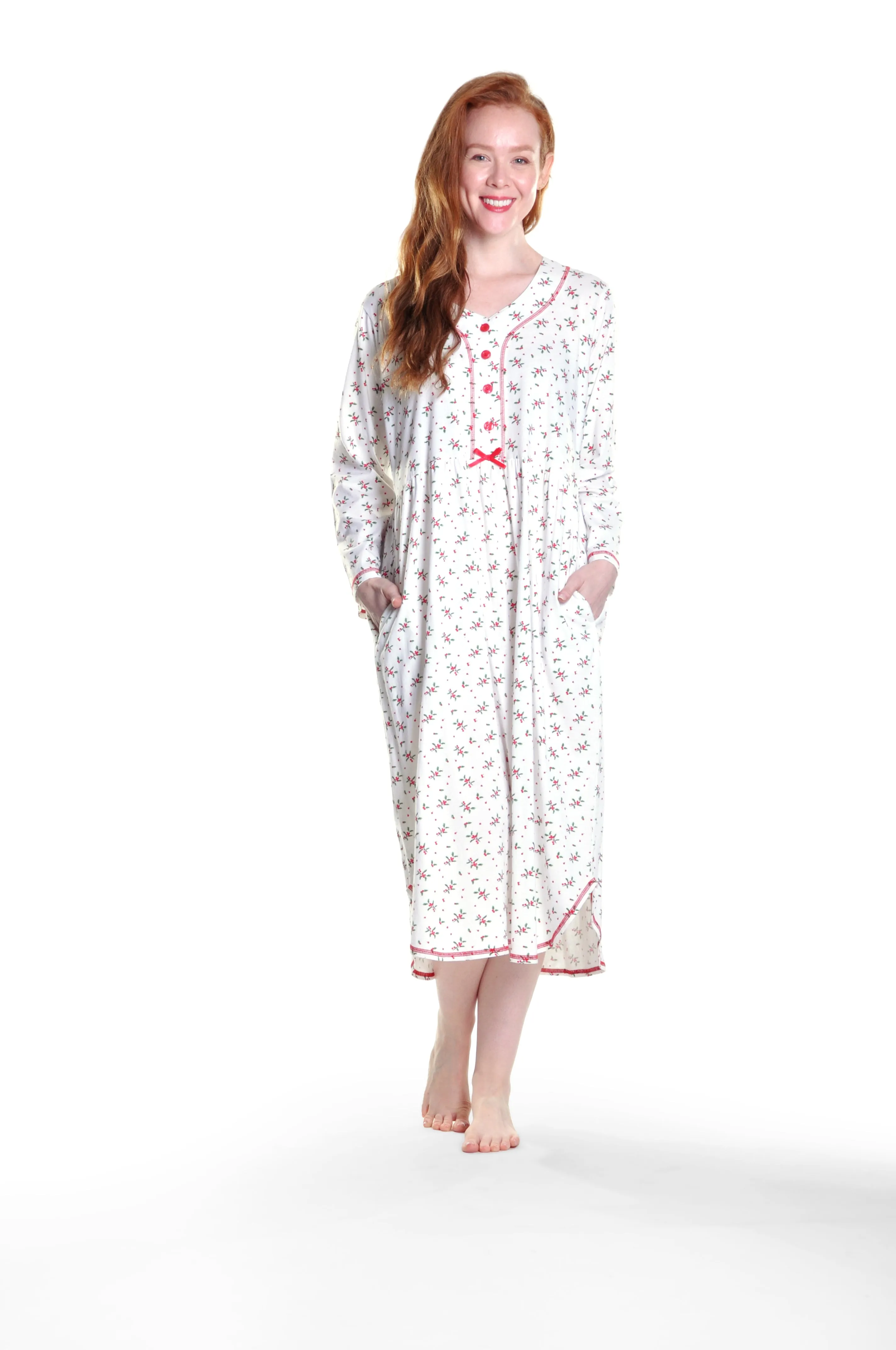 La Cera 100% Cotton Knit Mistletoe Print Nightshirt