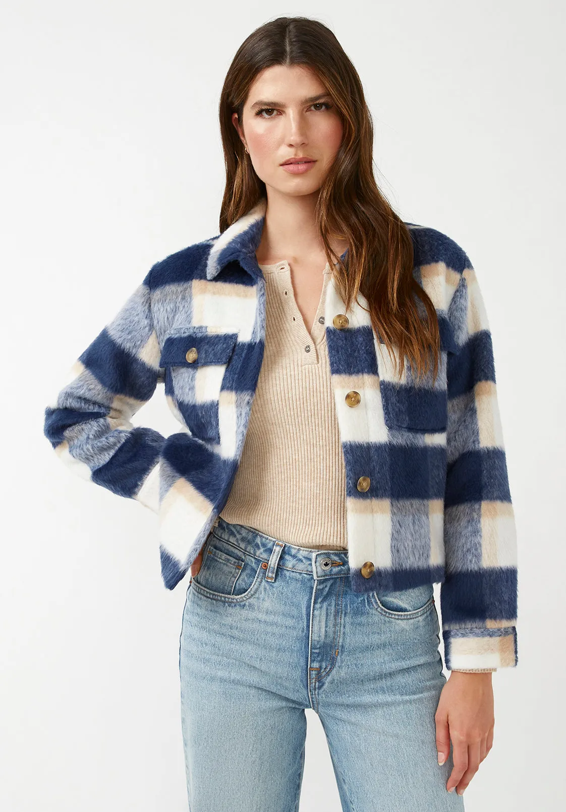 Lissandra Women's Cropped Shacket Tan Blue Plaid - JK0010F