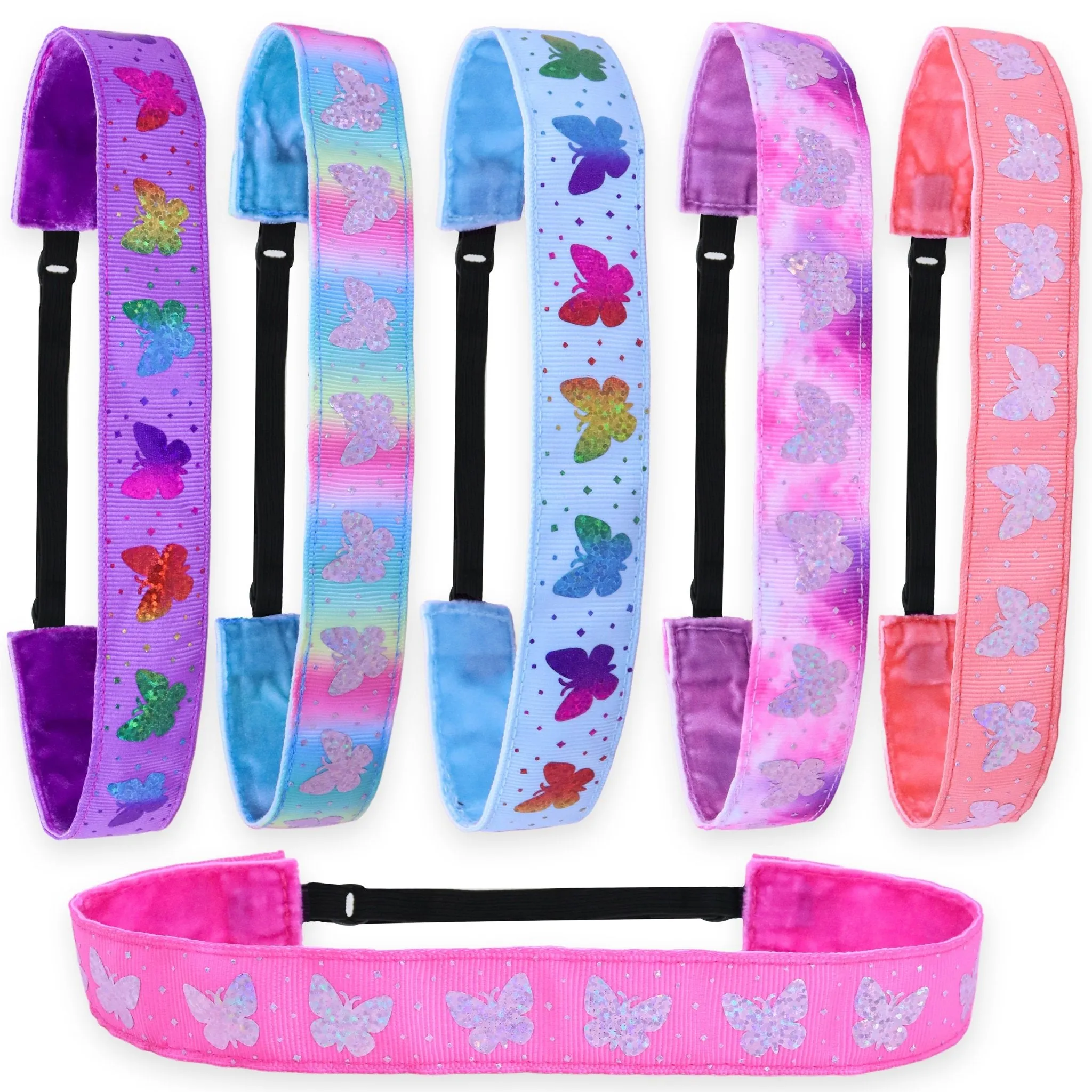 Non-slip Adjustable Holographic Butterfly Ribbon Headbands - Set of 6