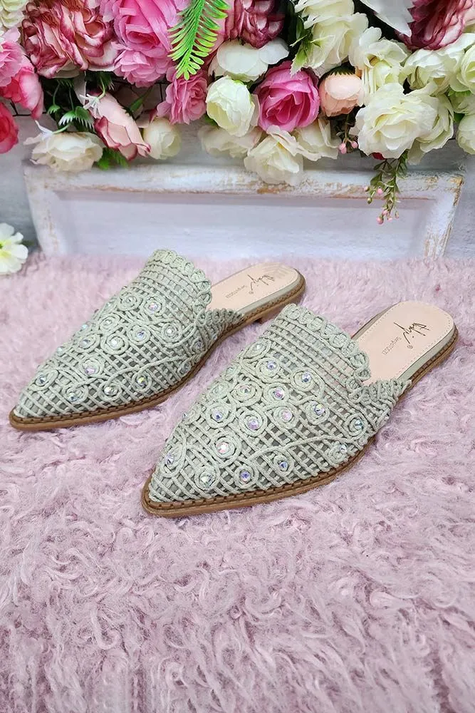 Pearl Mesh Pointed Toe Mules Slipper