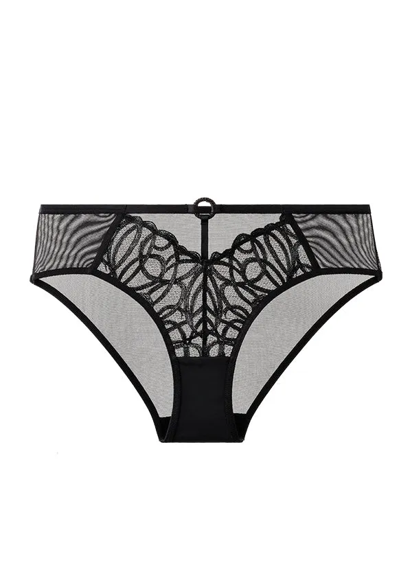 RORA Black Lace Brief Panties with Geometric Embroidery