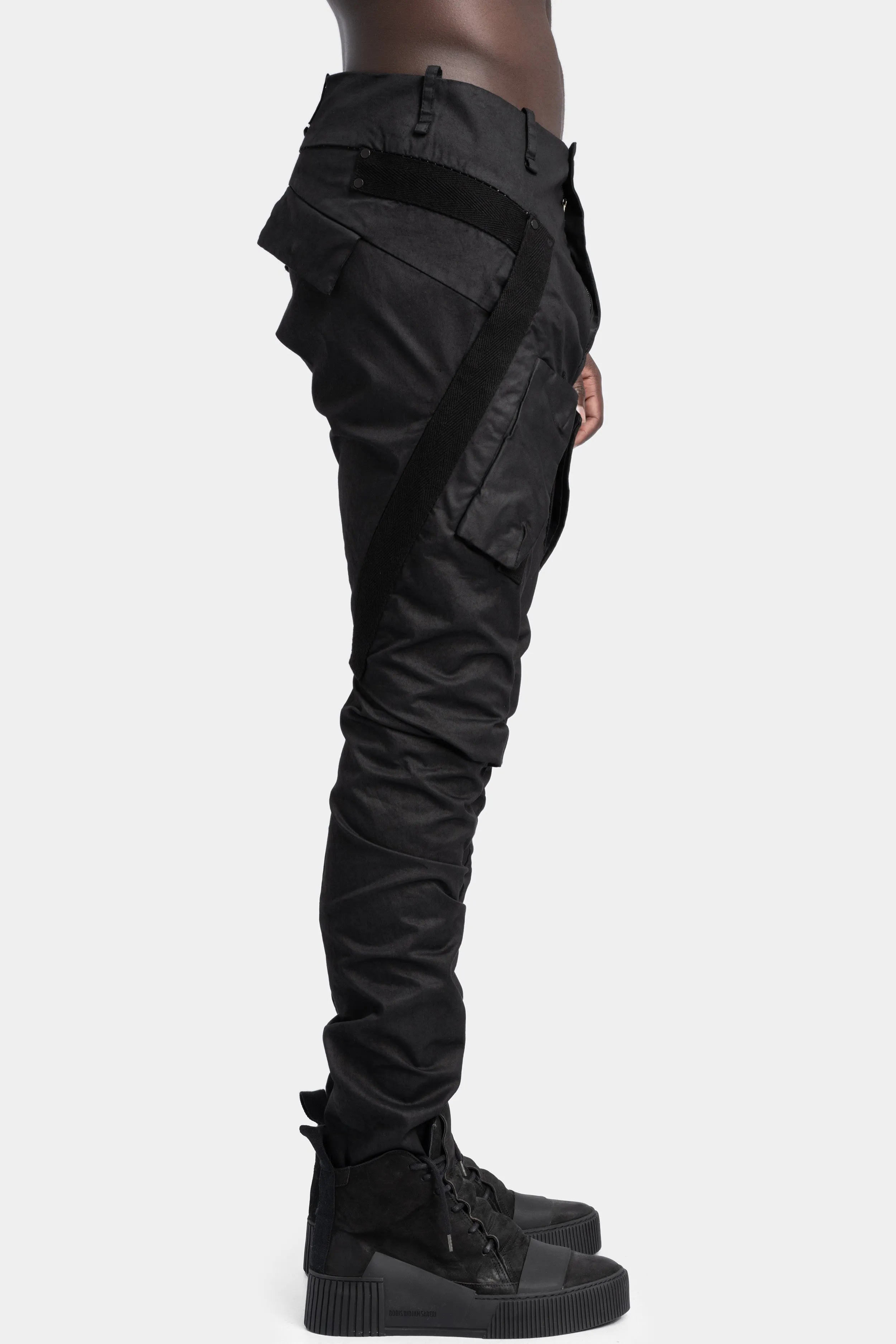 Optimized Title: Edgy Twisted-Leg Cargo Pants with Scar-Stitch Detailing