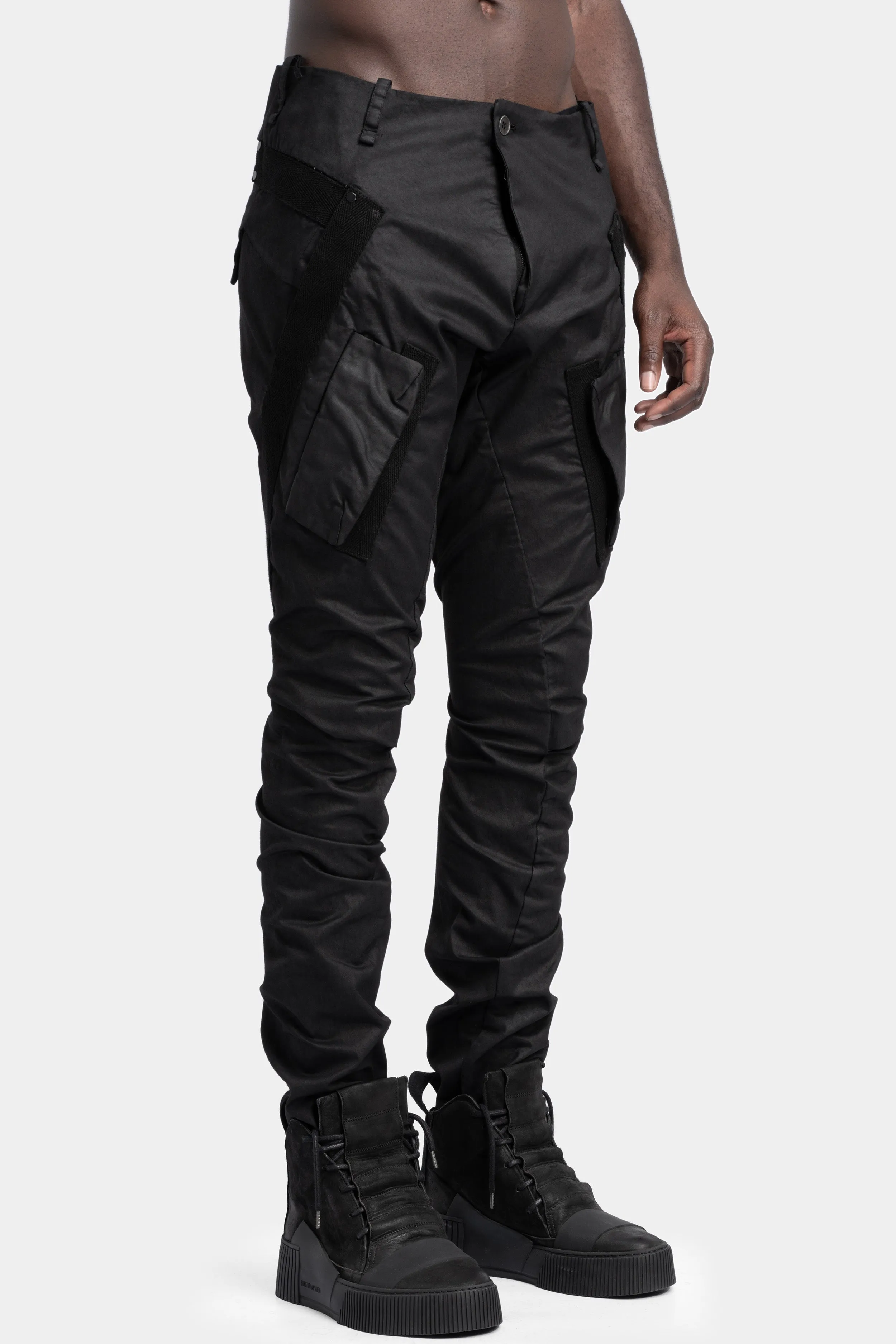 Optimized Title: Edgy Twisted-Leg Cargo Pants with Scar-Stitch Detailing