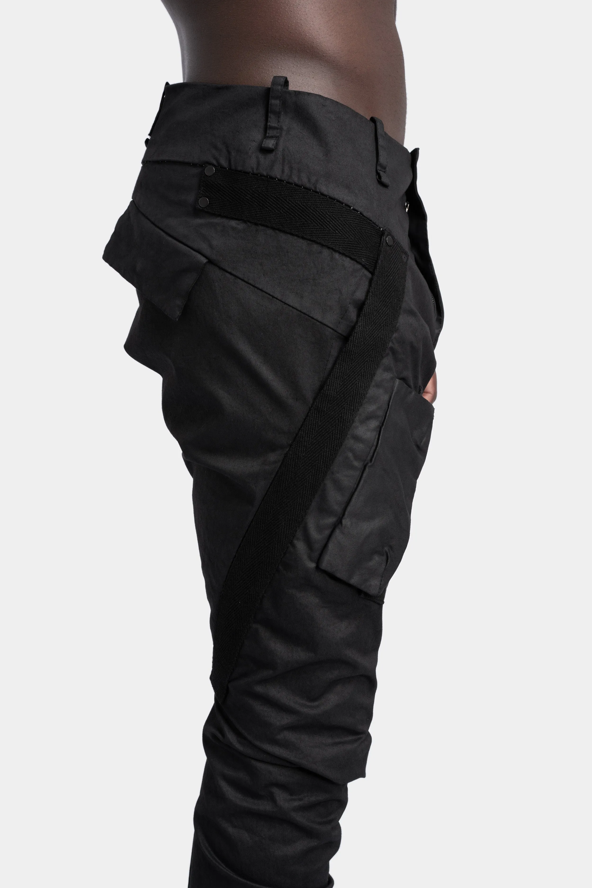 Optimized Title: Edgy Twisted-Leg Cargo Pants with Scar-Stitch Detailing