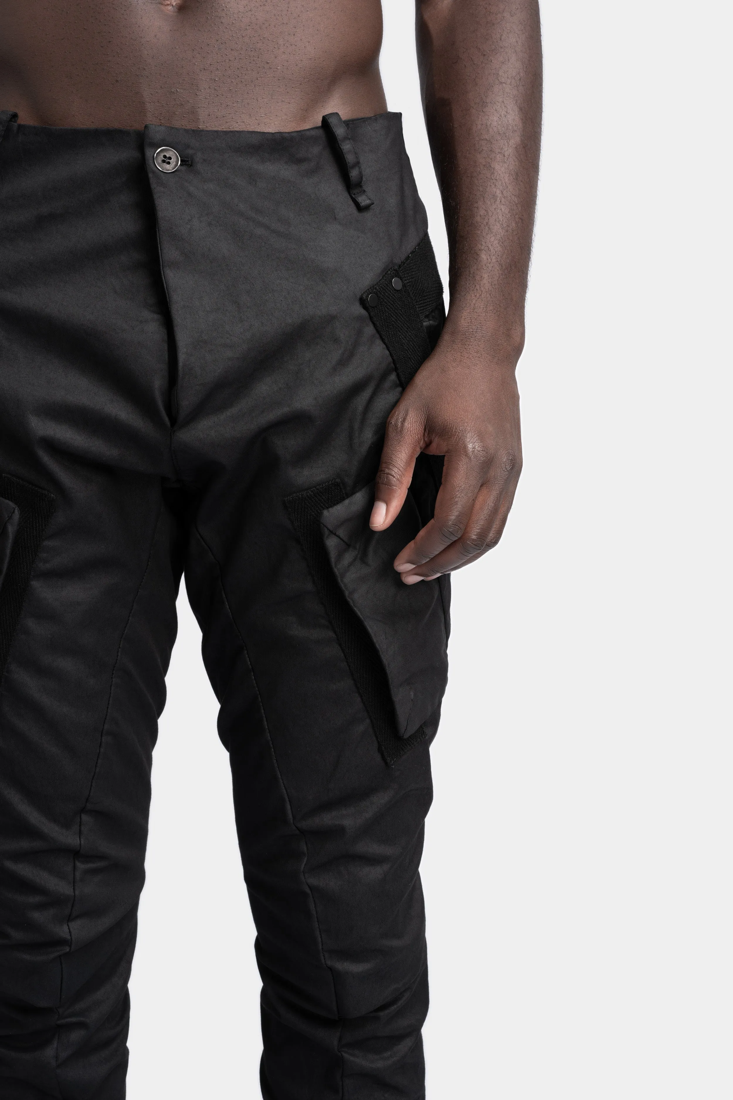 Optimized Title: Edgy Twisted-Leg Cargo Pants with Scar-Stitch Detailing